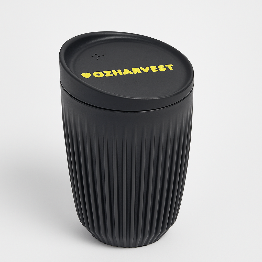 Black textured cup with 'OzHarvest' logo on a light gray background