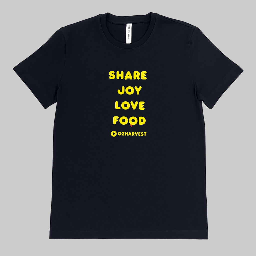 Black t-shirt with yellow text 'SHARE JOY LOVE FOOD'