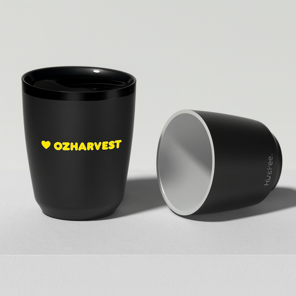 Black cup with 'OZHAVENST' text and another black cup on a light gray background