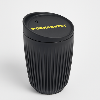 Black textured cup with 'OzHarvest' logo on a light gray background