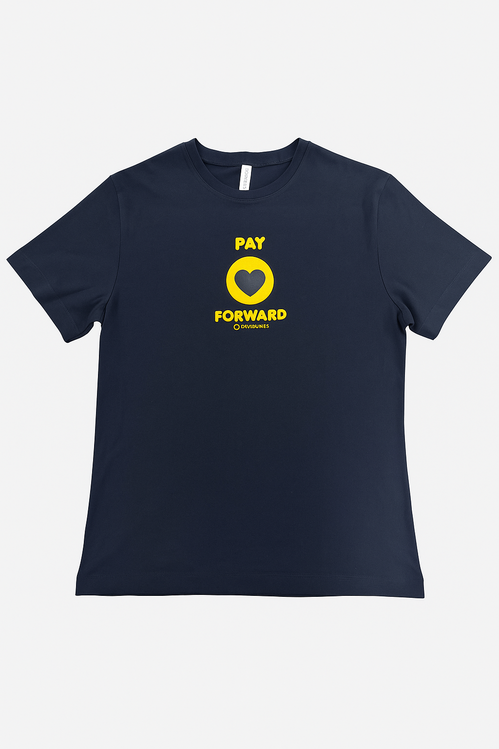 Black t-shirt with yellow graphic and text on a white background