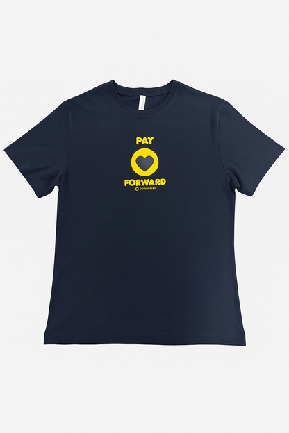 Black t-shirt with yellow graphic and text on a white background