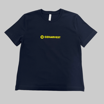 Black t-shirt with yellow 'Ozharvest' logo on a white background