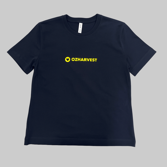 Black t-shirt with yellow 'Ozharvest' logo on a white background