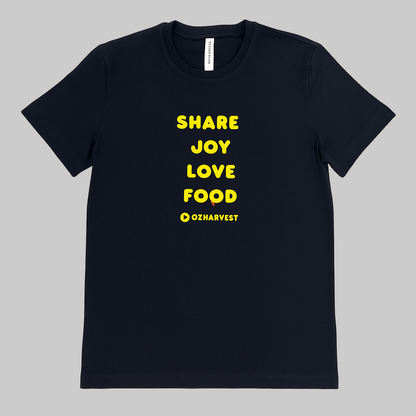 Black t-shirt with yellow text 'SHARE JOY LOVE FOOD' 