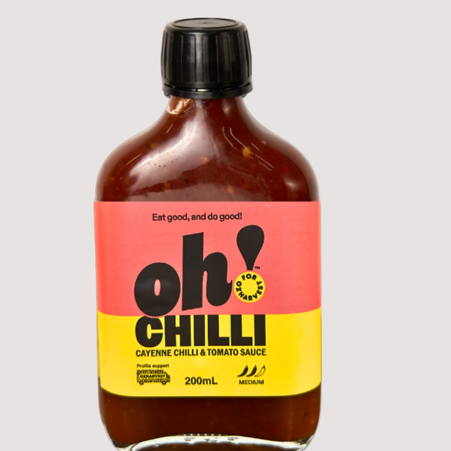 Bottle of oh! Chilli sauce on a gray background