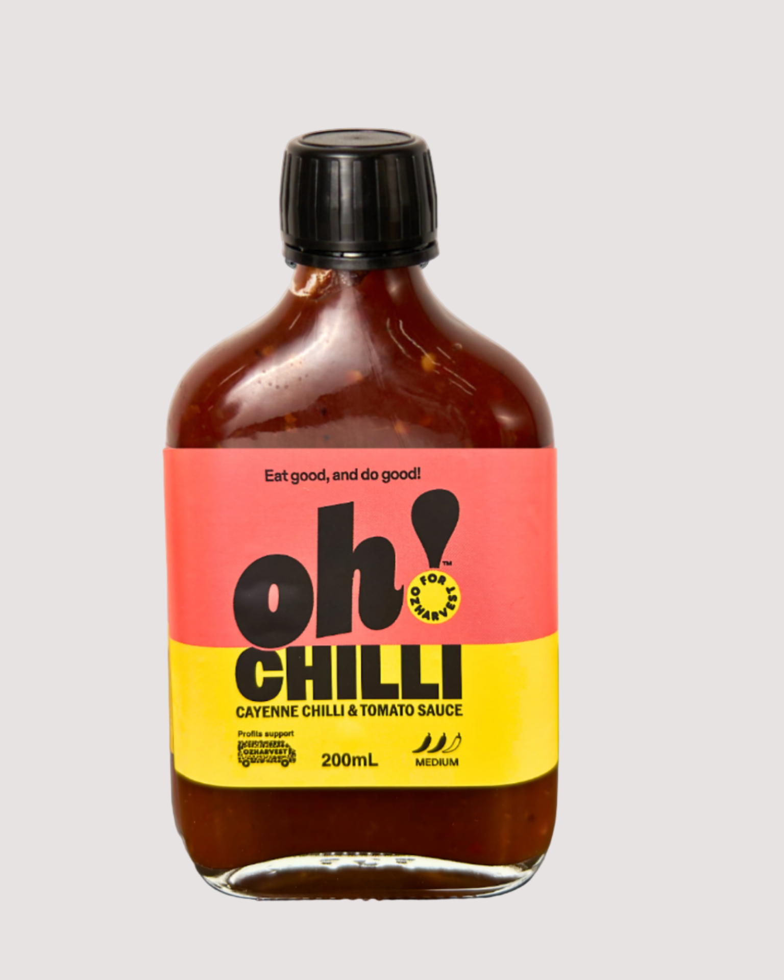 Bottle of oh! Chilli sauce on a grey background
