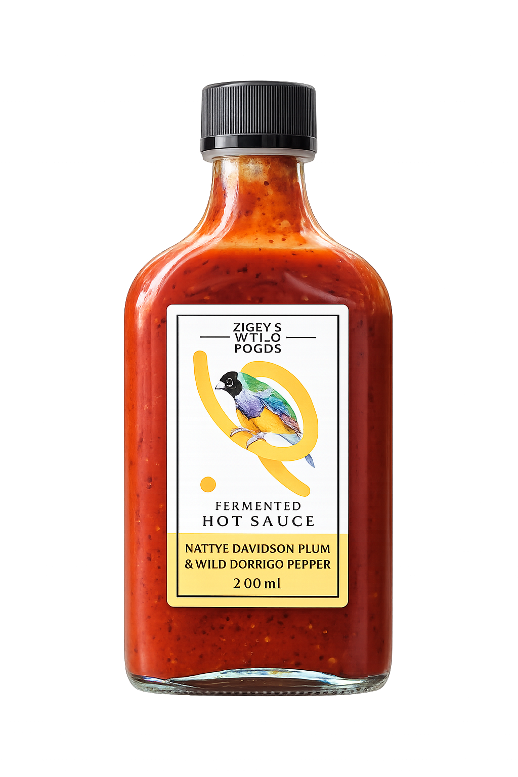 Bottle of fermented hot sauce with a label on a white background