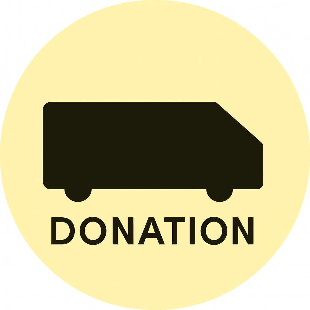Black silhouette of a truck on a yellow background with 'DONATION' text