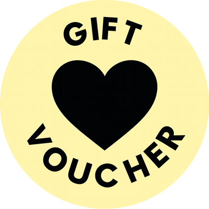 Round yellow gift voucher with black heart and text on a white background