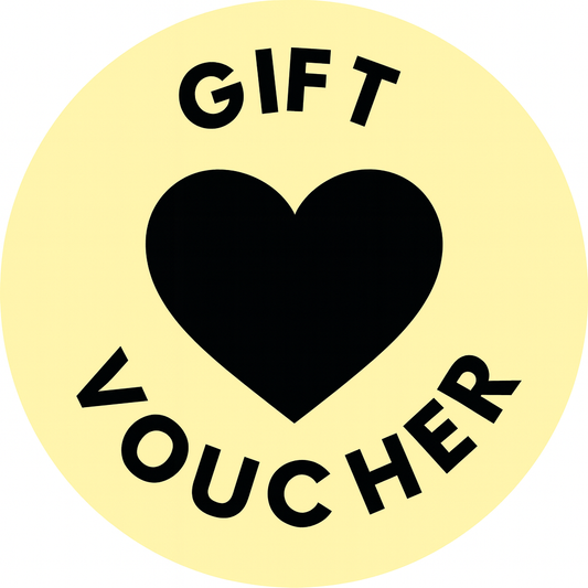 Round yellow gift voucher with black heart and text on a white background