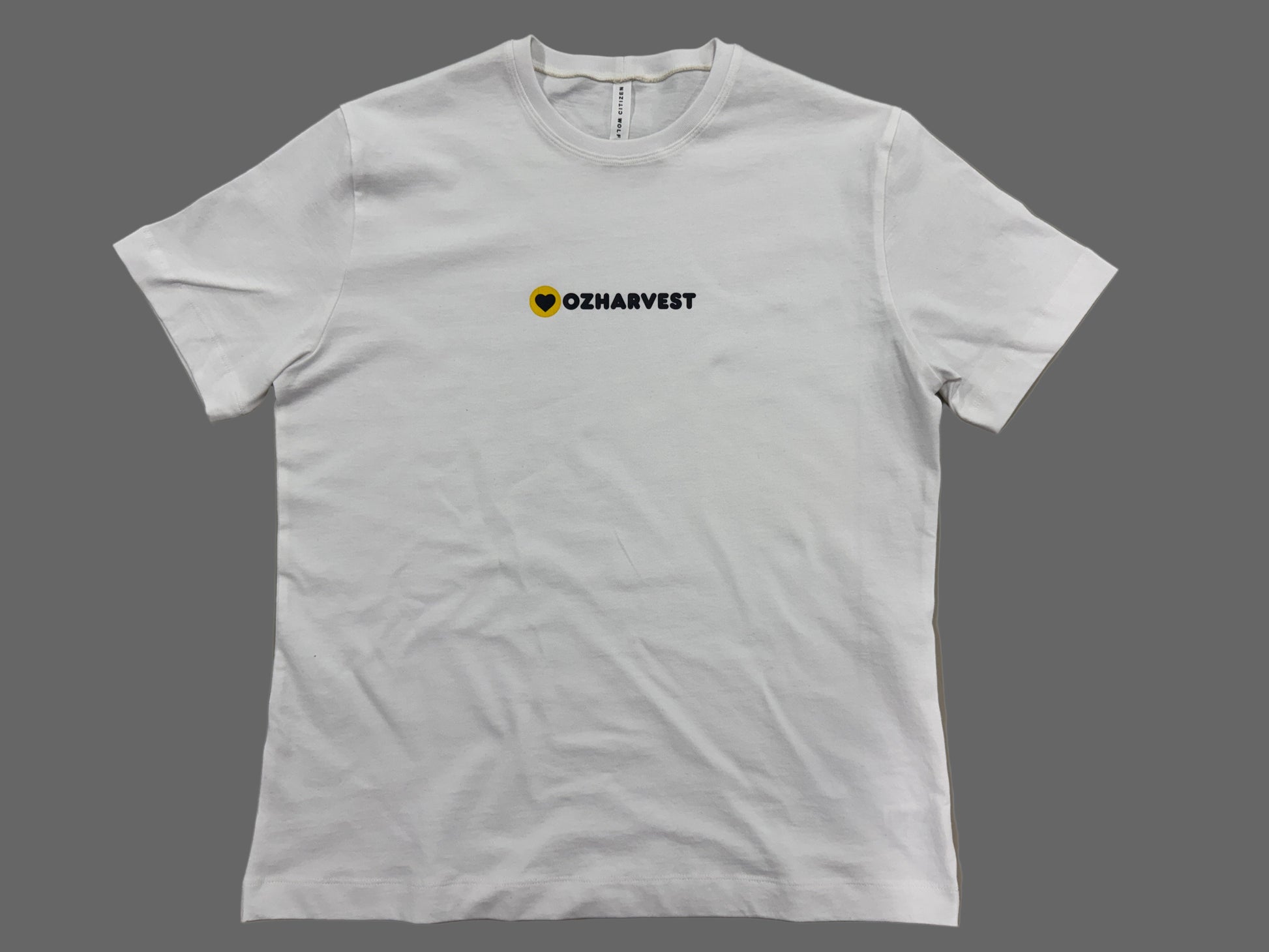 White t-shirt with 'OzHarvest' logo 