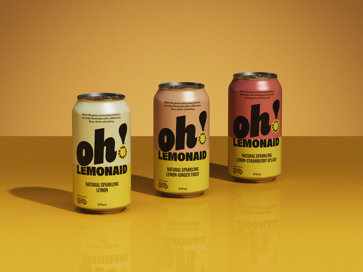 The Oh! Lemonaid range, three 375mL cans of natural sparkling lemonaid