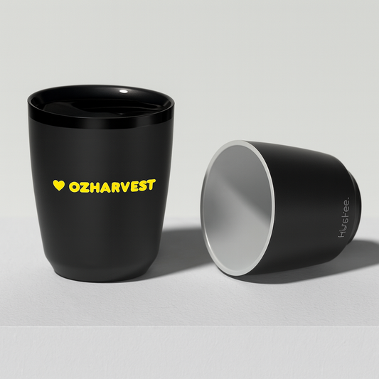 Black cup with 'OZHAVENST' text and another black cup on a light gray background