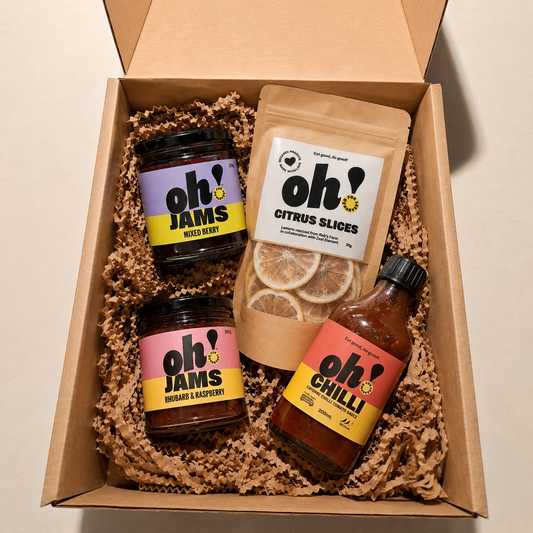 Gift set with 'oh! Jams' and 'oh! Chilli' products in a box