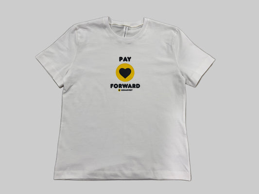 White t-shirt with 'Pay Forward' graphic o