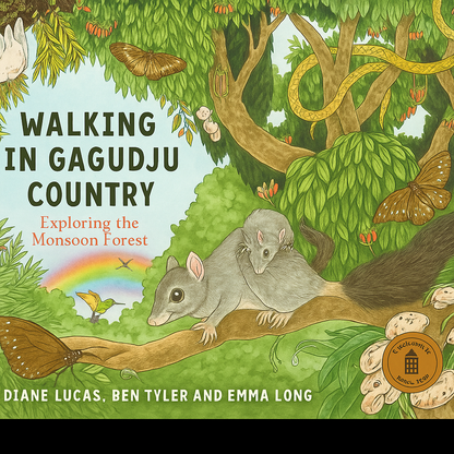 Book cover of 'Walking in Gagudju Country' with animals and nature illustration.