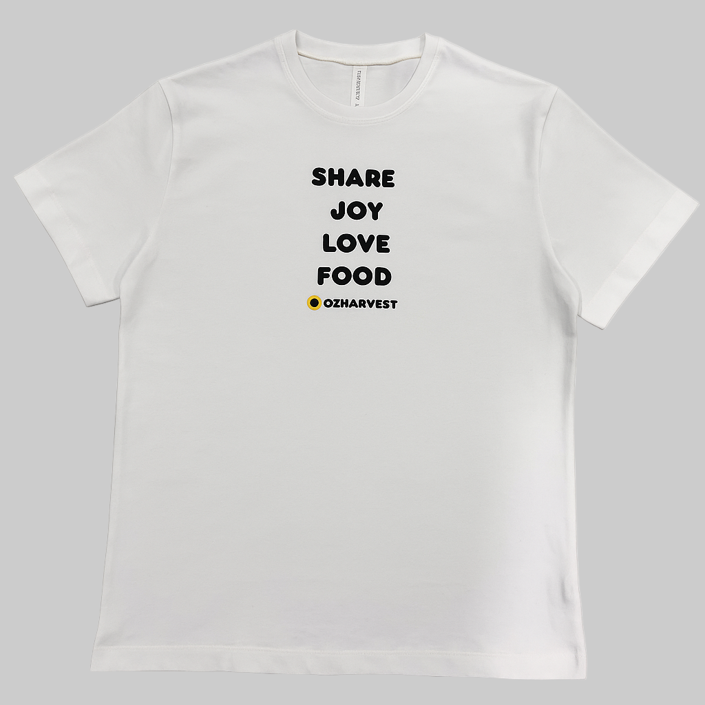 White t-shirt with black text on a white background