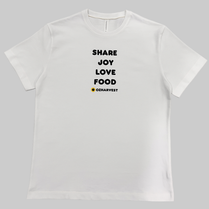 White t-shirt with black text on a white background