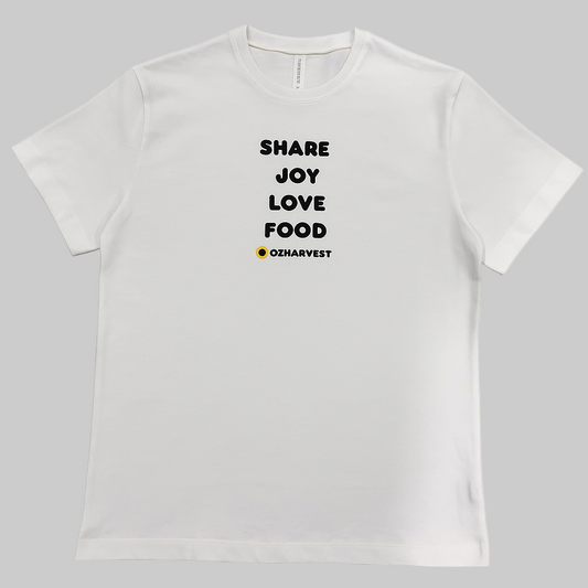 White t-shirt with black text on a white background